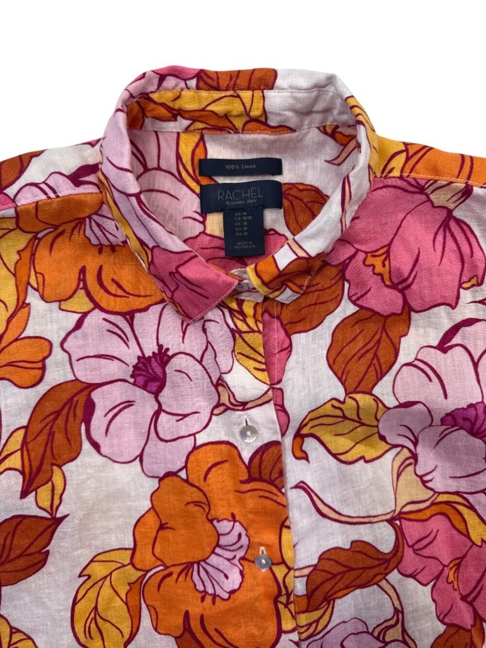 Rachel Roy Linen Floral Hawaiian Shirt Sz M Cropped Tropical Button Up Resort - Picture 5 of 8
